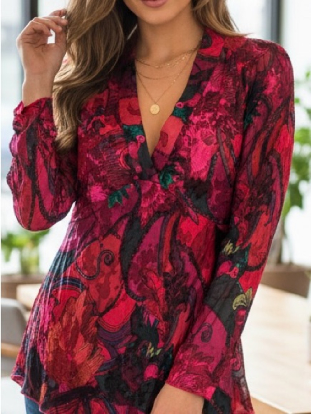 Chico's Poetcore Fuchsia & Black Floral V-Neck Long-Sleeve Blouse 40% Silk - Picture 1 of 5